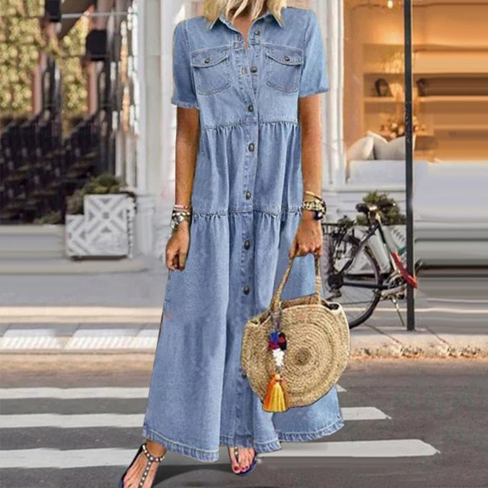 Ariella™ Vintage Denim Style Maxi Dress