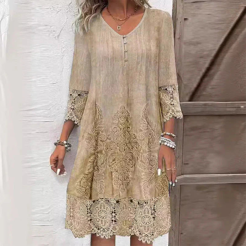 Elenora™ Elegant half-sleeved lace dress with V-neck